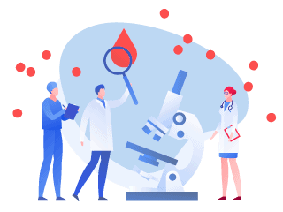 Illustration zum Thema Stoffwechselanalyse: Drei Labormitarbeiter bei der Blutuntersuchung