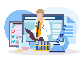 Illustration zum Thema Stoffwechselanalyse: Arzt im Monitor umgeben von Laborausrüstung