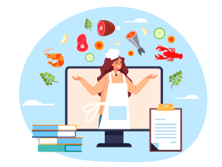 Illustration zum Thema Stoffwechselanalyse: Köchin im Monitor umgeben von Nahrungsmitteln