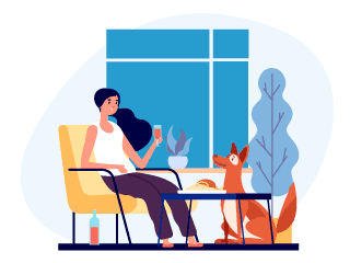 Illustration zum Thema Stoffwechselanalyse: Frau im Sessel trinkt Rotwein und isst, Hund schaut zu